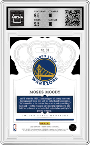 Moses Moody from the 2021-22 Crown Royale set graded by Arena Club and given an overall grade of 10.