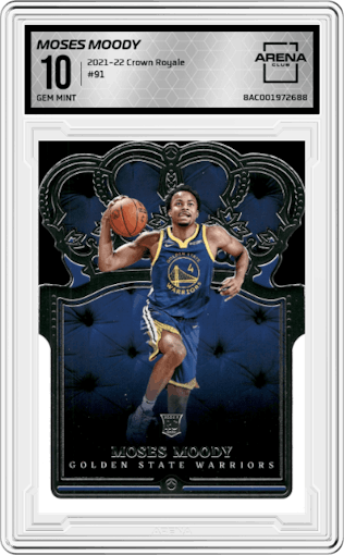 Moses Moody from the 2021-22 Crown Royale set graded by Arena Club and given an overall grade of 10.