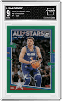 Luka Doncic from the 2020-21 Panini Donruss Optic set featuring a Green parallel graded by Arena Club and given an overall grade of 9.