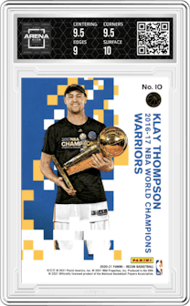 Klay Thompson from the 2020-21 Panini Recon set featuring a Purple parallel graded by Arena Club and given an overall grade of 9.5.