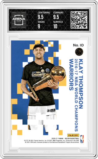Klay Thompson from the 2020-21 Panini Recon set featuring a Purple parallel graded by Arena Club and given an overall grade of 9.5.