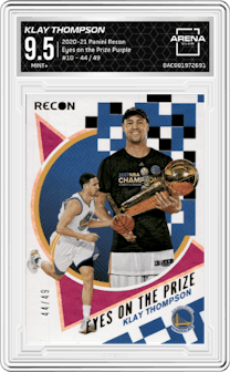 Klay Thompson from the 2020-21 Panini Recon set featuring a Purple parallel graded by Arena Club and given an overall grade of 9.5.