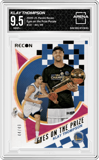 Klay Thompson from the 2020-21 Panini Recon set featuring a Purple parallel graded by Arena Club and given an overall grade of 9.5.