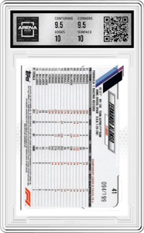 Fernando Alonso from the 2021 Topps Chrome F1  set featuring a Purple Checker Flag Refractor parallel graded by Arena Club and given an overall grade of 10.