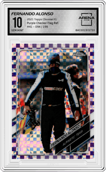 Fernando Alonso from the 2021 Topps Chrome F1  set featuring a Purple Checker Flag Refractor parallel graded by Arena Club and given an overall grade of 10.