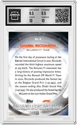 Daniel Ricciardo from the 2021 Topps Chrome F1  set featuring a Gold Refractor parallel graded by Arena Club and given an overall grade of 10.