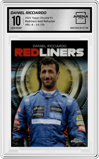 Daniel Ricciardo from the 2021 Topps Chrome F1  set featuring a Gold Refractor parallel graded by Arena Club and given an overall grade of 10.