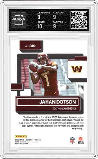 Jahan Dotson from the 2022 Panini Donruss set featuring a Press Proof Yellow parallel graded by Arena Club and given an overall grade of 9.5.