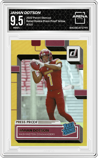 Jahan Dotson from the 2022 Panini Donruss set featuring a Press Proof Yellow parallel graded by Arena Club and given an overall grade of 9.5.