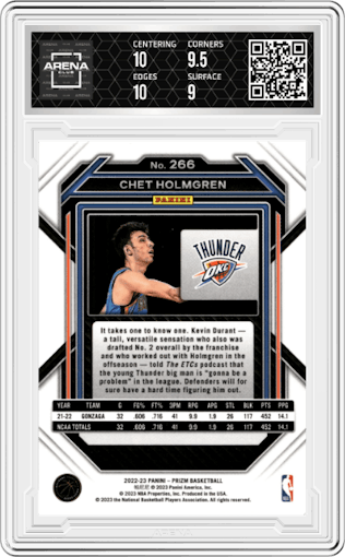Chet Holmgren from the 2022-23 Panini Prizm  set graded by Arena Club and given an overall grade of 9.5.