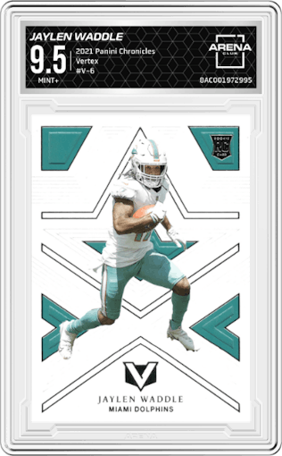 Jaylen Waddle from the 2021 Panini Chronicles set graded by Arena Club and given an overall grade of 9.5.