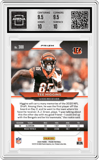 Tee Higgins from the 2020 Panini Prizm set featuring a Purple Power parallel graded by Arena Club and given an overall grade of 10.