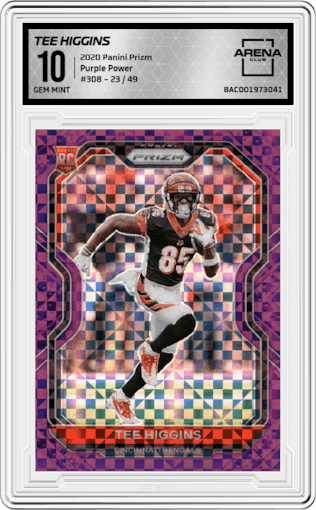 Tee Higgins from the 2020 Panini Prizm set featuring a Purple Power parallel graded by Arena Club and given an overall grade of 10.