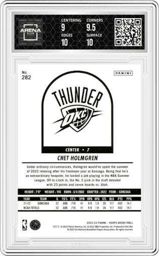Chet Holmgren from the 2022-23 Panini NBA Hoops set graded by Arena Club and given an overall grade of 9.5.