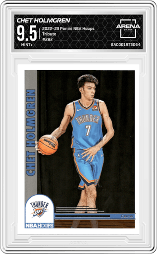 Chet Holmgren from the 2022-23 Panini NBA Hoops set graded by Arena Club and given an overall grade of 9.5.