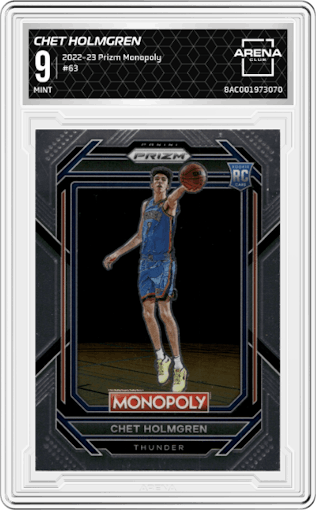 Chet Holmgren from the 2022-23 Panini Prizm Monopoly set graded by Arena Club and given an overall grade of 9.