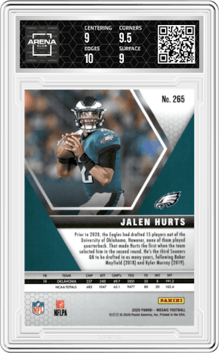 Jalen Hurts from the 2020 Panini Mosaic set graded by Arena Club and given an overall grade of 9.5.