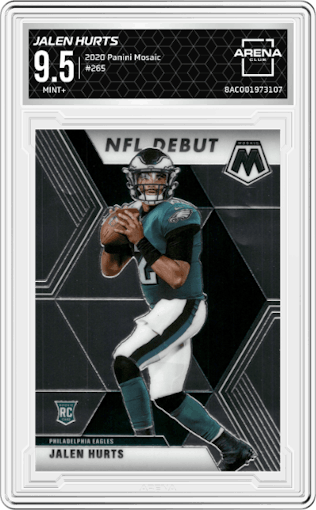 Jalen Hurts from the 2020 Panini Mosaic set graded by Arena Club and given an overall grade of 9.5.