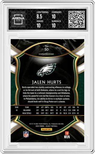 Jalen Hurts from the 2020 Panini Select set graded by Arena Club and given an overall grade of 9.