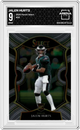 Jalen Hurts from the 2020 Panini Select set graded by Arena Club and given an overall grade of 9.