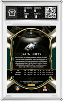 Jalen Hurts from the 2020 Panini Select set graded by Arena Club and given an overall grade of 9.5.