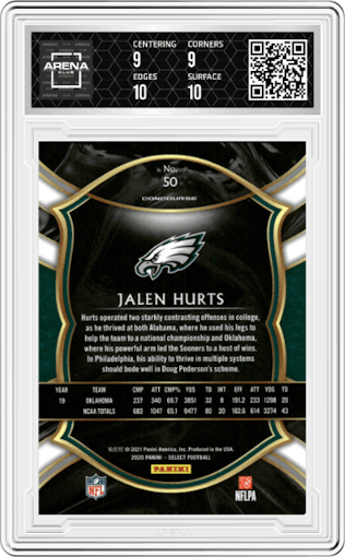 Jalen Hurts from the 2020 Panini Select set graded by Arena Club and given an overall grade of 9.5.