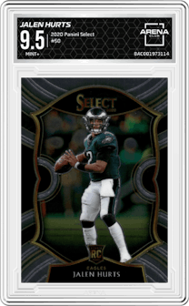Jalen Hurts from the 2020 Panini Select set graded by Arena Club and given an overall grade of 9.5.