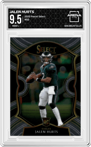 Jalen Hurts from the 2020 Panini Select set graded by Arena Club and given an overall grade of 9.5.