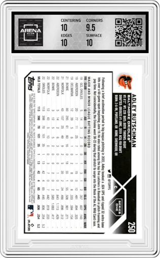 Adley Rutschman from the 2023 Topps Series 1 set graded by Arena Club and given an overall grade of 10.