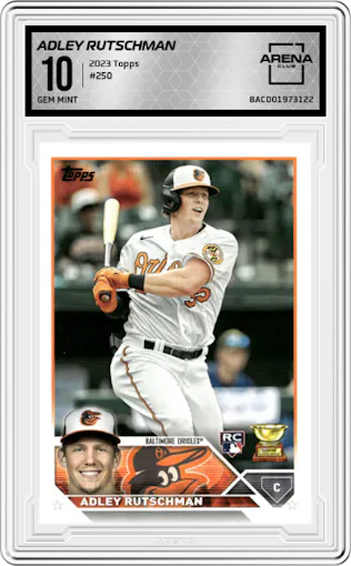 Adley Rutschman from the 2023 Topps Series 1 set graded by Arena Club and given an overall grade of 10.