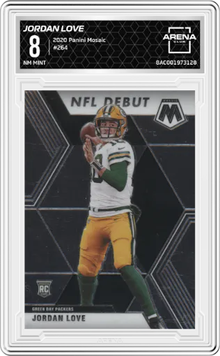 Jordan Love from the 2020 Panini Mosaic set graded by Arena Club and given an overall grade of 8.