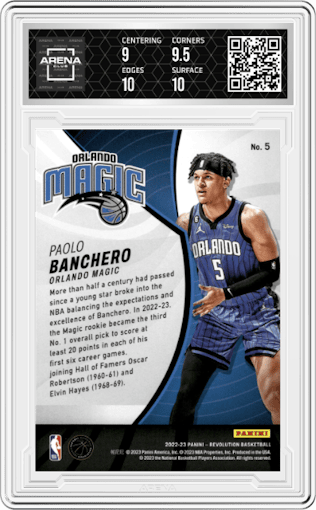 Paolo Banchero from the 2022-23 Panini Revolution  set graded by Arena Club and given an overall grade of 9.5.