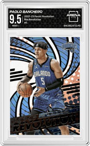 Paolo Banchero from the 2022-23 Panini Revolution  set graded by Arena Club and given an overall grade of 9.5.