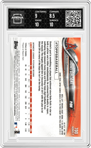 Shohei Ohtani from the 2018 Topps Series 2 set graded by Arena Club and given an overall grade of 9.