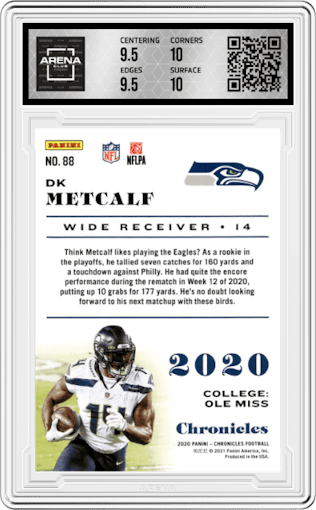 DK Metcalf from the 2020 Panini Chronicles set graded by Arena Club and given an overall grade of 10.