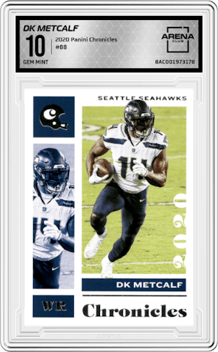 DK Metcalf from the 2020 Panini Chronicles set graded by Arena Club and given an overall grade of 10.