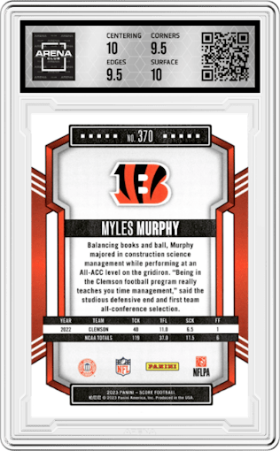 Myles Murphy from the 2023 Score set graded by Arena Club and given an overall grade of 10.