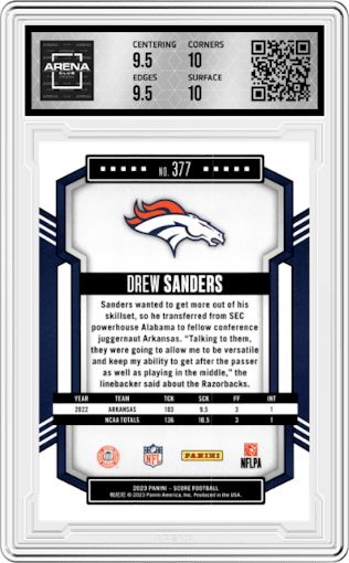 Drew Sanders from the 2023 Score set graded by Arena Club and given an overall grade of 10.