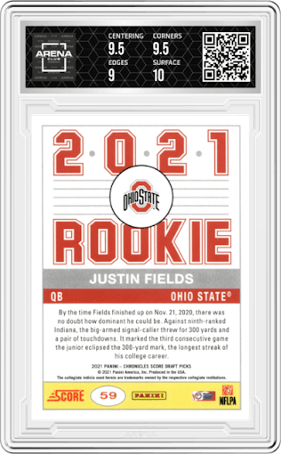 Justin Fields from the 2021 Panini Chronicles Draft Picks set graded by Arena Club and given an overall grade of 9.5.