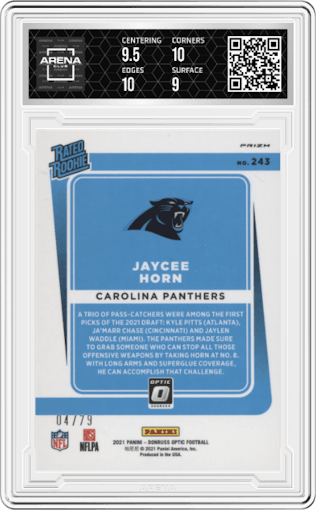 Jaycee Horn from the 2021 Panini Donruss Optic set featuring a Pink Velocity parallel graded by Arena Club and given an overall grade of 9.5.