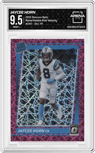 Jaycee Horn from the 2021 Panini Donruss Optic set featuring a Pink Velocity parallel graded by Arena Club and given an overall grade of 9.5.