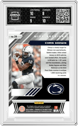 Chris Godwin from the 2023 Panini Chronicles Draft Picks set graded by Arena Club and given an overall grade of 8.5.