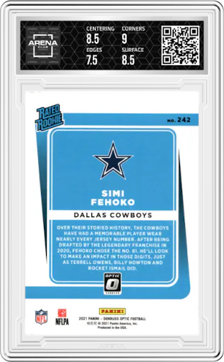 Simi Fehoko from the 2021 Panini Donruss Optic set graded by Arena Club and given an overall grade of 8.