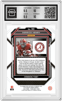 Derrick Henry from the 2023 Panini Prizm Draft Picks set graded by Arena Club and given an overall grade of 10.