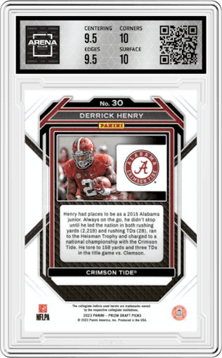 Derrick Henry from the 2023 Panini Prizm Draft Picks set graded by Arena Club and given an overall grade of 10.
