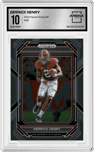 Derrick Henry from the 2023 Panini Prizm Draft Picks set graded by Arena Club and given an overall grade of 10.