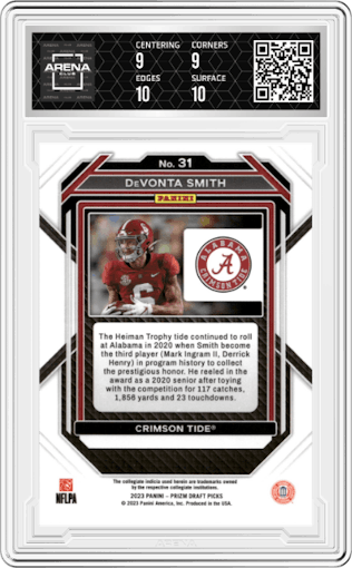 DeVonta Smith from the 2023 Panini Prizm Draft Picks set graded by Arena Club and given an overall grade of 9.5.