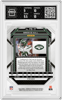 Breece Hall from the 2022 Panini Chronicles set featuring a Silver parallel graded by Arena Club and given an overall grade of 9.5.