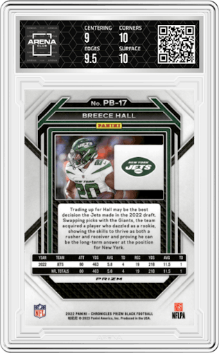 Breece Hall from the 2022 Panini Chronicles set featuring a Silver parallel graded by Arena Club and given an overall grade of 9.5.