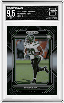 Breece Hall from the 2022 Panini Chronicles set featuring a Silver parallel graded by Arena Club and given an overall grade of 9.5.